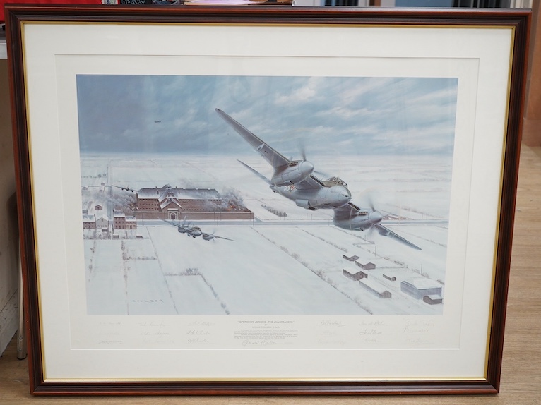 Gerald Coulson (b.1926), limited edition colour print of a Mosquito plane 'Operation Jericho - The Jailbreakers' limited edition 318/850, signed by 18 veterans and the artist, blind stamped, 57 x 79cm. Condition - good